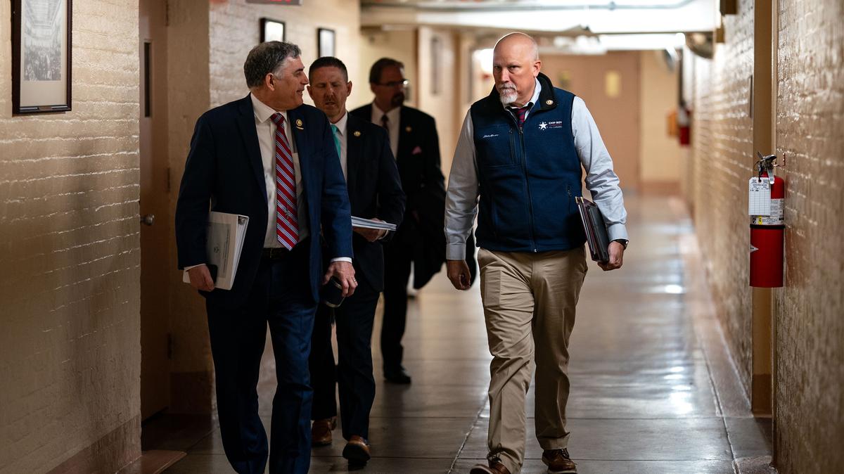 U.S. Rep. Andrew Ogles (R-Tennessee) chats with Rep. Chip Roy (R-Texas) as they arrive for a House Republican Conference Meeting at the U.S. Capitol on Feb. 11, 2025, in Washington, D.C. (Kent Nishimura/Getty Images/TNS)