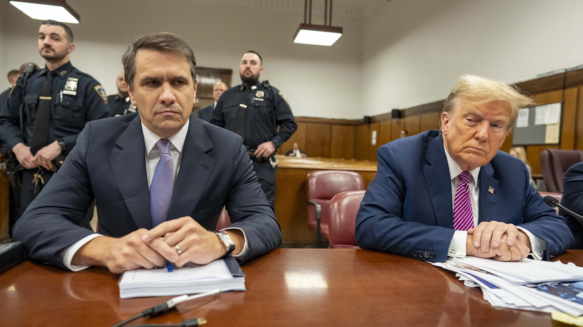 Then former President Donald Trump, right, sits with his attorney Todd Blanche, left, during his criminal trial as jury selection continues at Manhattan Criminal Court on April 19, 2024, in New York City. (Mark Peterson/Pool/Getty Images/TNS)