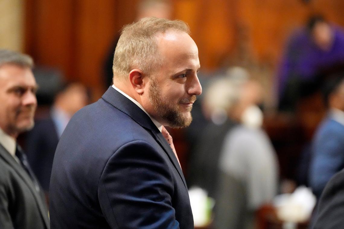 State House Rep. Russell Fry, R-Surfside Beach, speaks with other members ahead of Gov. Henry McMaster’s State of the State address on Wednesday, Jan. 19, 2022, in Columbia, S.C.