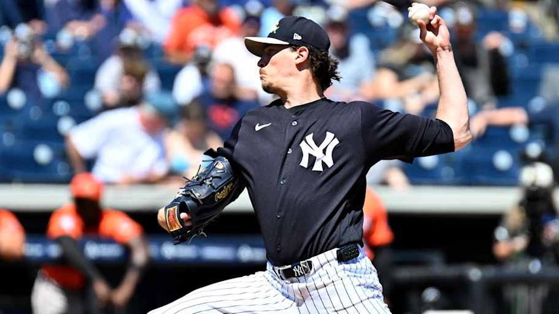  Mar 19, 2026; Tampa, Florida, USA; New York Yankees starting pitcher Max Fried (54) throws a pitch in the first inning against the Baltimore Orioles during spring training at George M. Steinbrenner Field. | Jonathan Dyer-Imagn Images 