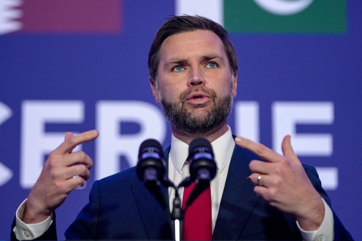 U.S. Vice President JD Vance speaks to members of the media before boarding Air Force Two, after the U.S. and Iran held high-level talks at the Lake Lucerne Summit, at Emmen Military Air Base, Emmen, Switzerland, June 22, 2026. REUTERS/Nathan Howard/Pool