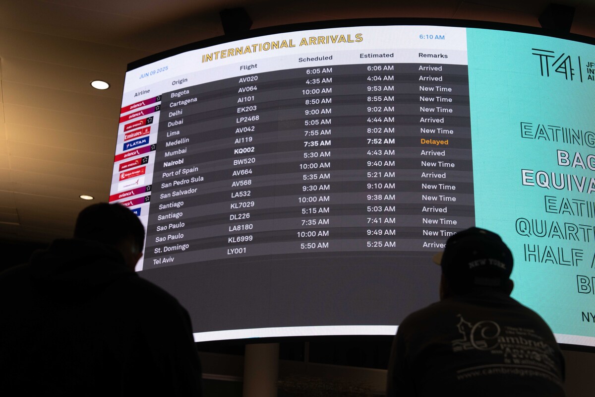  An information board shows international arrivals at John F. Kennedy International Airport in New York City on June 9, 2025. 