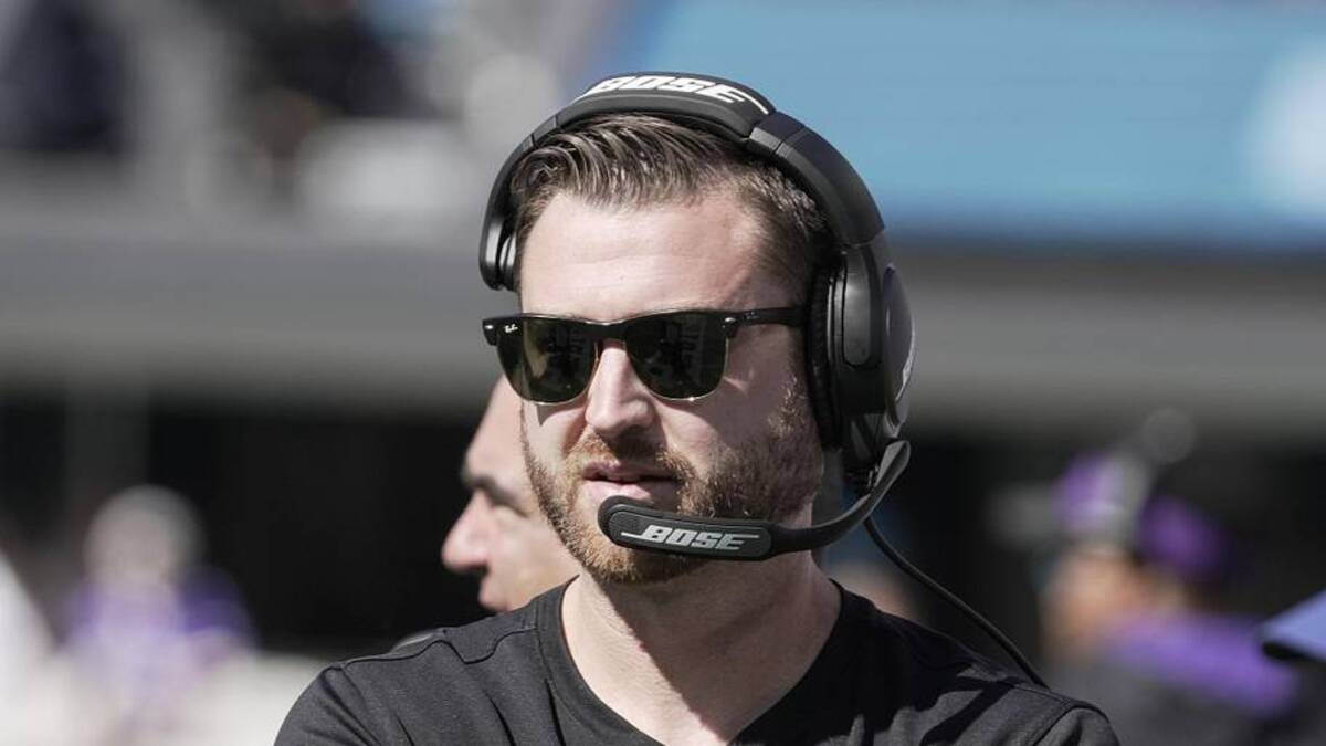  (EDITORS NOTE: caption correction) Oct 17, 2021; Charlotte, North Carolina, USA; Minnesota Vikings quarterbacks coach Andrew Janocko on the sidelines during the first quarter against the Carolina Panthers at Bank of America Stadium. Mandatory Credit: Jim Dedmon-Imagn Images | Jim Dedmon-Imagn Images 