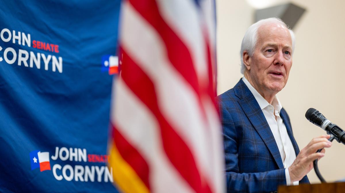 U.S. Sen. John Cornyn (R-Texas) speaks during a Get Out The Vote campaign rally at the Schertz Civic Center Conference Hall on March 2, 2026, in Schertz, Texas. (Brandon Bell/Getty Images/TNS)