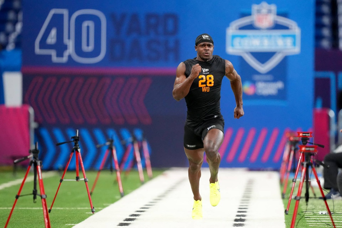  Kentucky wideout Kendrick Law (WO28) during the NFL Scouting Combine at Lucas Oil Stadium. Kirby Lee-Imagn Images