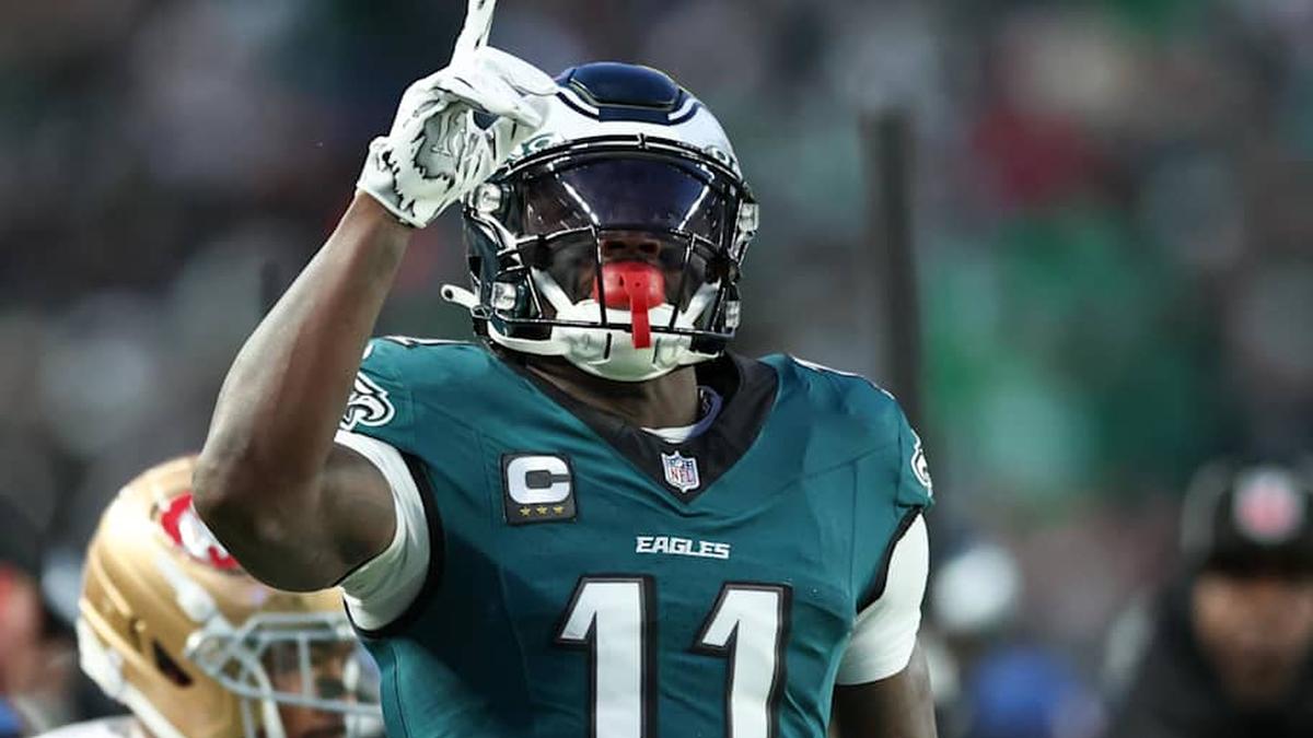  Jan 11, 2026; Philadelphia, PA, USA; Philadelphia Eagles wide receiver A.J. Brown (11) celebrates first down against the San Francisco 49ers during the first quarter in an NFC Wild Card Round game at Lincoln Financial Field. Mandatory Credit: Bill Streicher-Imagn Images | Bill Streicher-Imagn Images 