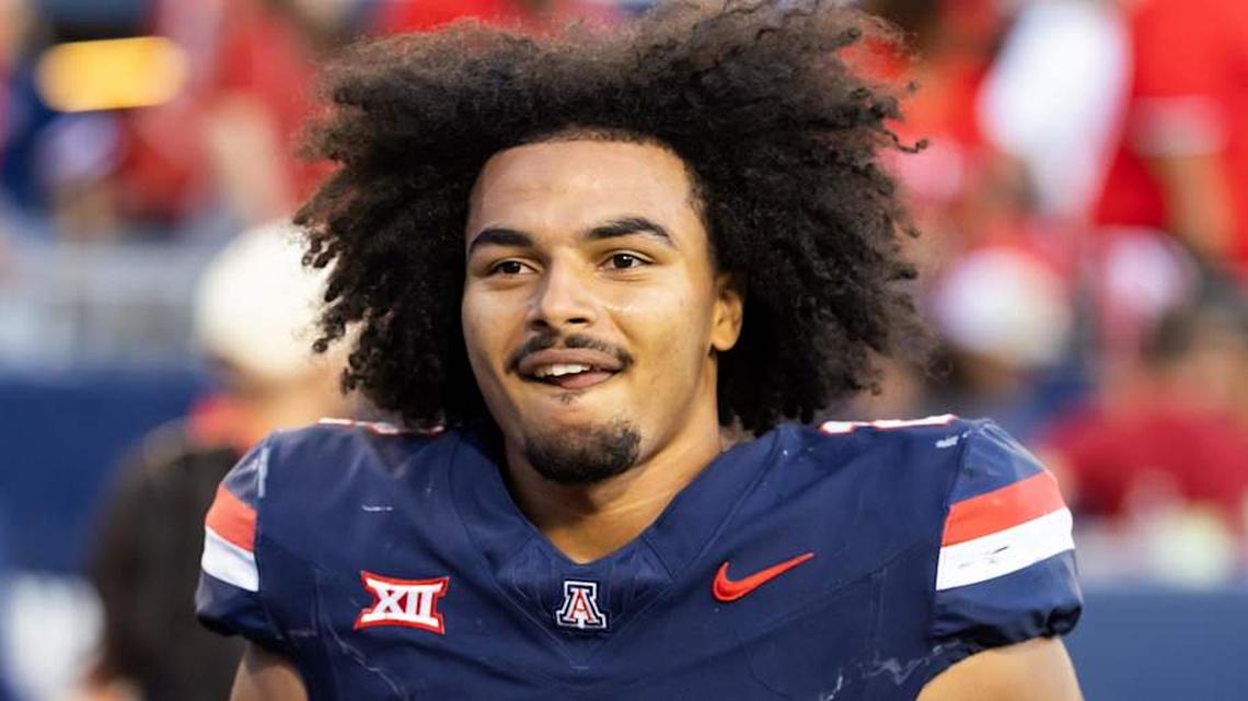  Nov 8, 2025; Tucson, Arizona, USA; Arizona Wildcats defensive back Treydan Stukes (2) celebrates after defeating the Kansas Jayhawks at Arizona Stadium. Mandatory Credit: Mark J. Rebilas-Imagn Images | Mark J. Rebilas-Imagn Images 