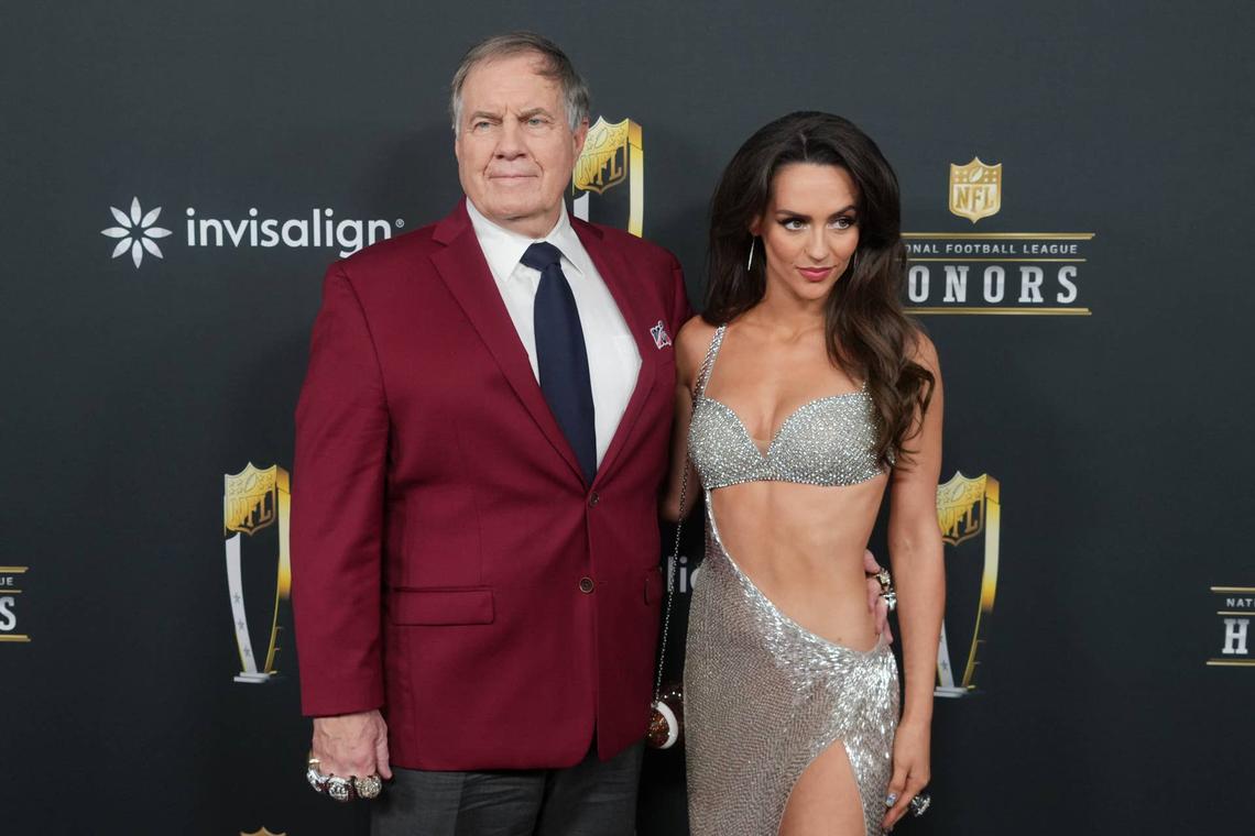  Feb 6, 2025; New Orleans, LA, USA; Bill Belichick and Jordon Hudson on the red carpet before Super Bowl LIX NFL Honors at Saenger Theatre. Mandatory Credit: Kirby Lee-Imagn Images 