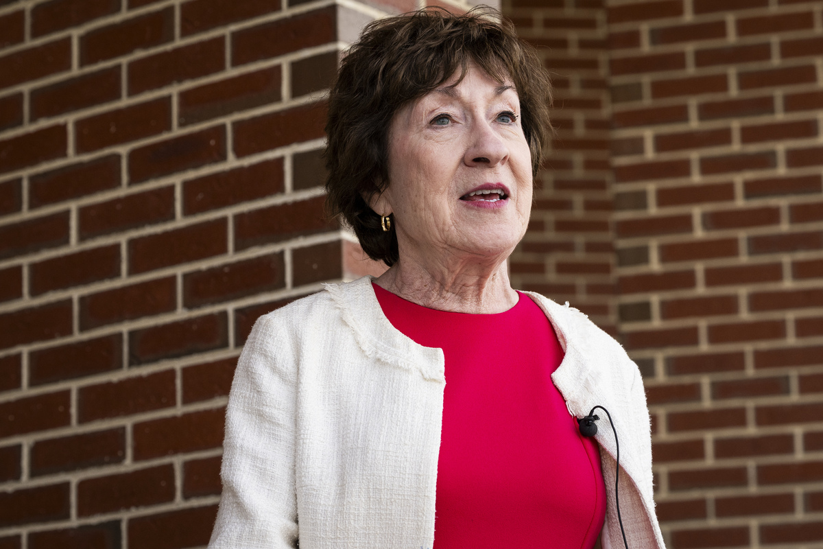  Senator Susan Collins, a Maine Republican, speaks to reporters at Bridgton Hospital in Bridgton, Maine, on May 5, 2026. 