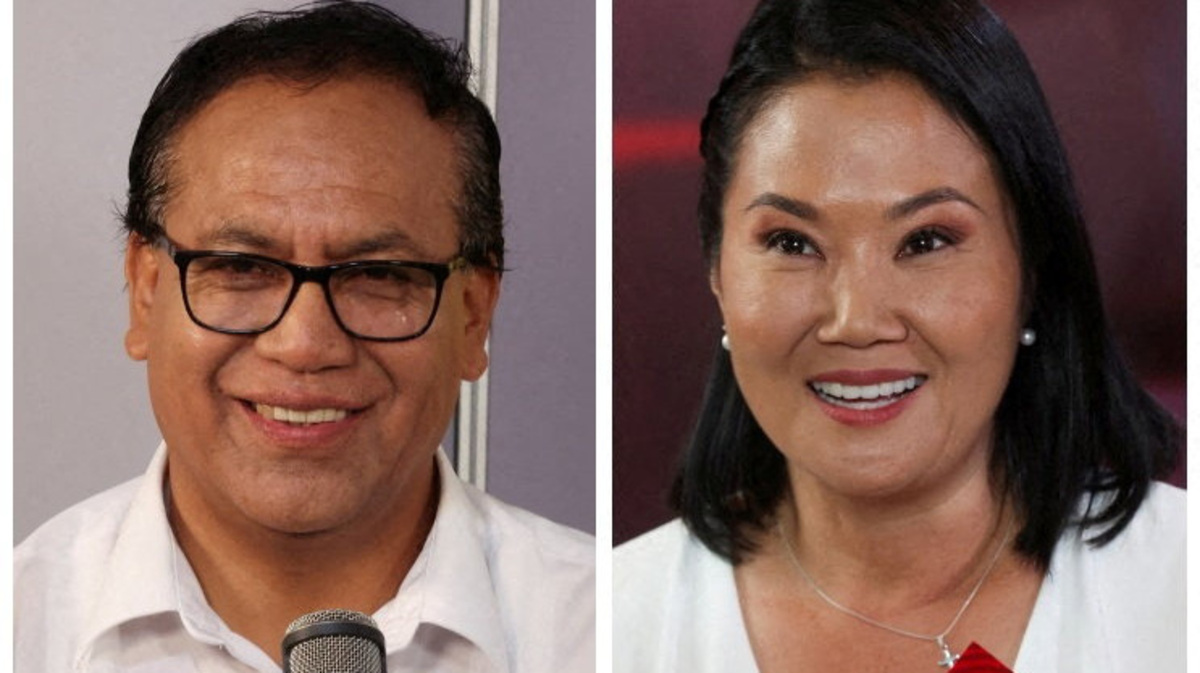 A combination picture shows Peru's leftist candidate Roberto Sanchez and right-wing presidential candidate Keiko Fujimori speaking during a televised debate ahead of the June 7 runoff presidential vote, in Lima, Peru, May 31, 2026. REUTERS/Alessandro Cinque