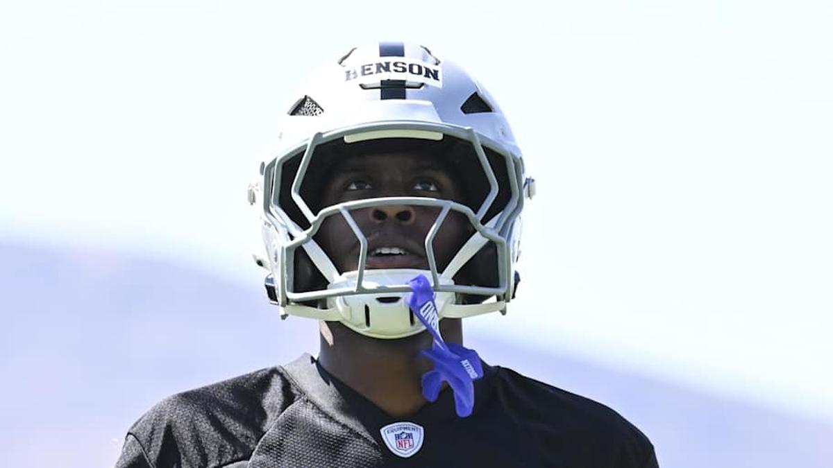  May 2, 2026; Henderson, NV, USA; Las Vegas Raiders wide receiver Malik Benson (19) runs through a drill during a Rookie Minicamp at Intermountain Health Performance Center. Mandatory Credit: Candice Ward-Imagn Images | Candice Ward-Imagn Images 