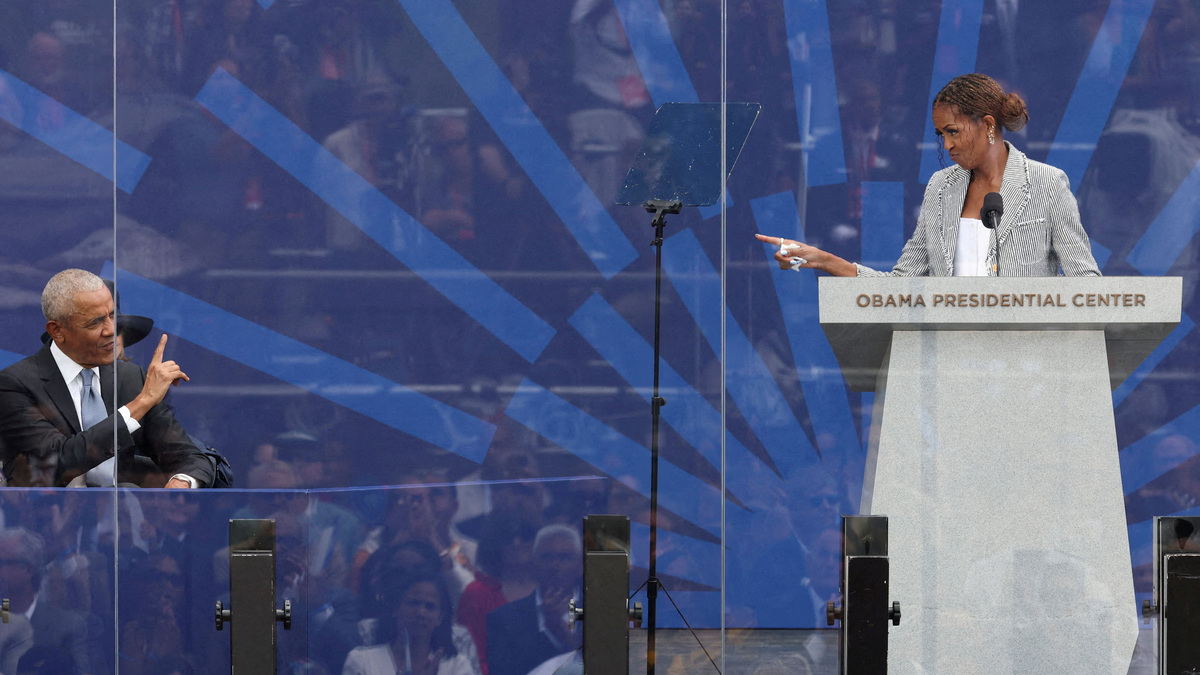 Former U.S. first lady Michelle Obama speaks during a dedication ceremony for the opening of the Obama Presidential Center, in Chicago, Illinois, U.S., June 18, 2026. REUTERS/Brendan McDermid