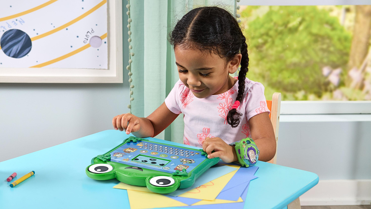 An image from LeapFrog featuring a child using a toy based on the Lilypad tablet from "Toy Story 5."
