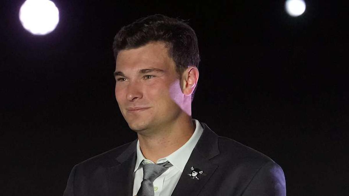  Apr 24, 2026; Henderson, NV, USA; Las Vegas Raiders quarterback Fernando Mendoza at the Festival of Football at the Intermountain Health Performance Center. Mandatory Credit: Kirby Lee-Imagn Images | Kirby Lee-Imagn Images 