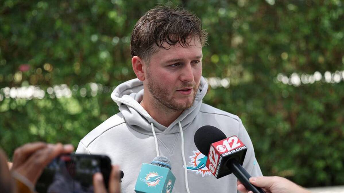 Miami Dolphins quarterback Quinn Ewers (14) speaks to the media after a minicamp practice at the Baptist Health Training Complex.