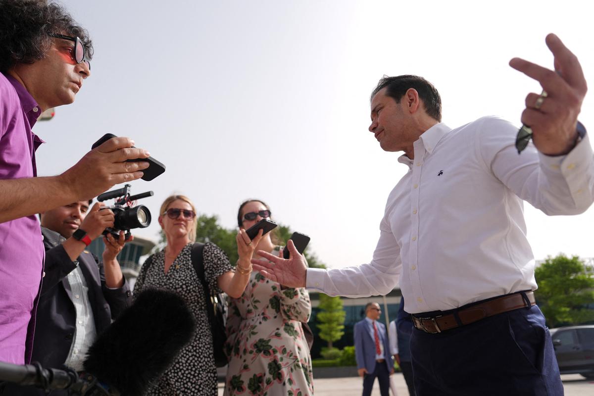 United States Secretary of State Marco Rubio speaks to the journalists before boarding his plane at Indira Gandhi International Airport in New Delhi, India, Monday, May 25, 2026.     Julia Demaree Nikhinson/Pool via REUTERS