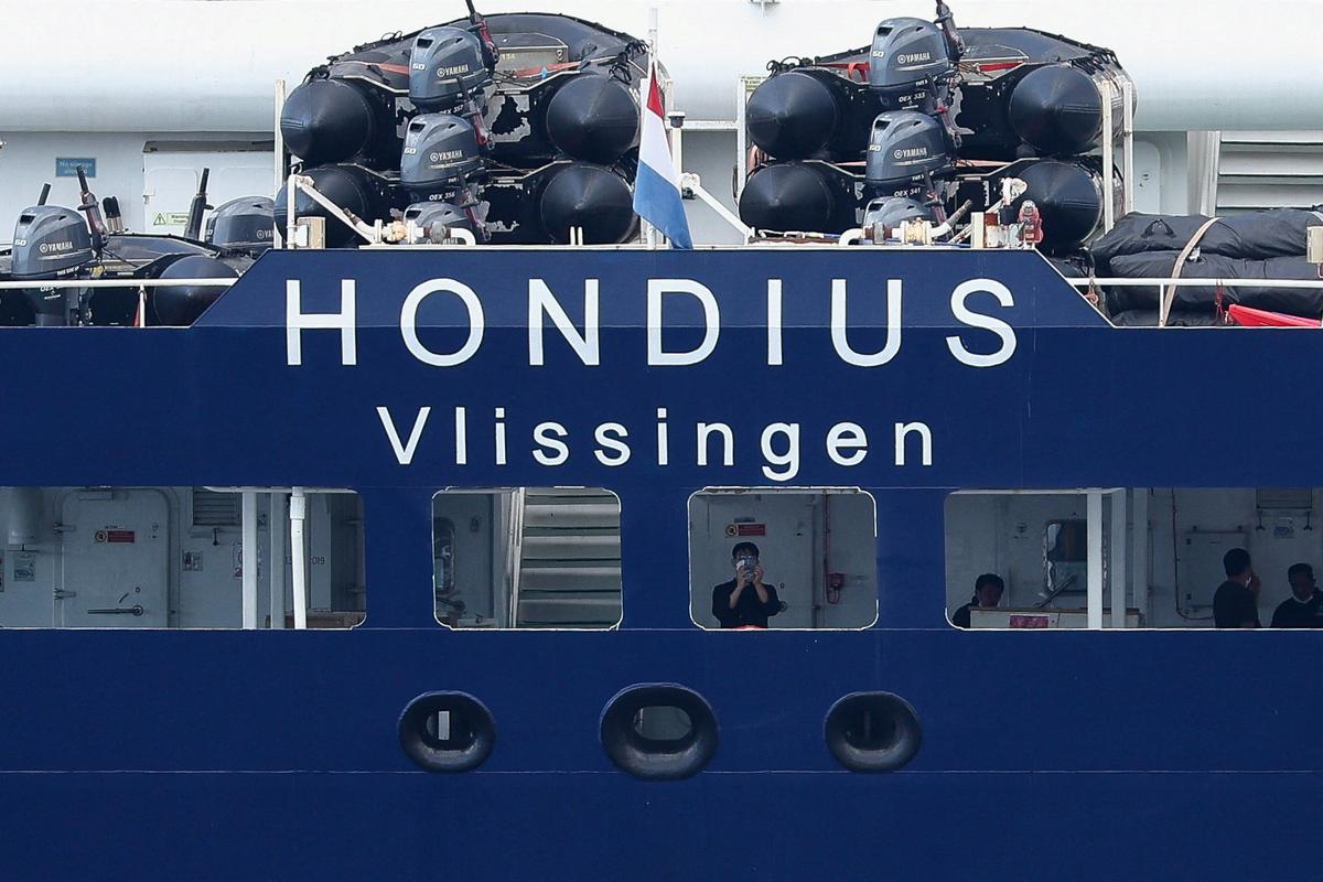 The cruise ship MV Hondius, affected by a hantavirus outbreak, at the port of Granadilla de Abona, Tenerife, Spain, May 11, 2026. REUTERS/Pedro Nunes