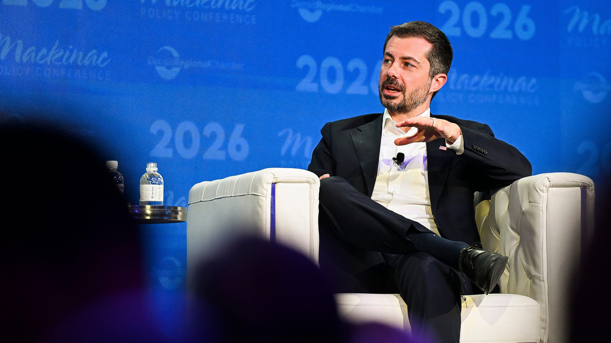 Former U.S. Transporation Secretary Pete Buttigieg chats with Detroit Regional Chamber CEO Sandy Baruah on stage during the Mackinac Police Conference on May 27, 2026, on Mackinac Island, Mich. (Katy Kildee/The Detroit News/TNS)