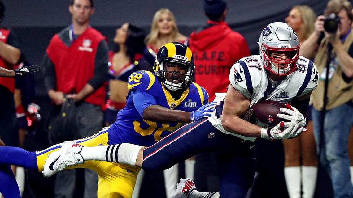  Feb 3, 2019; Atlanta, GA, USA; New England Patriots tight end Rob Gronkowski (87) catches a pass against Los Angeles Rams inside linebacker Cory Littleton (58) in Super Bowl LIII at Mercedes-Benz Stadium. Mandatory Credit: Matthew Emmons-Imagn Images | Matthew Emmons-Imagn Images 