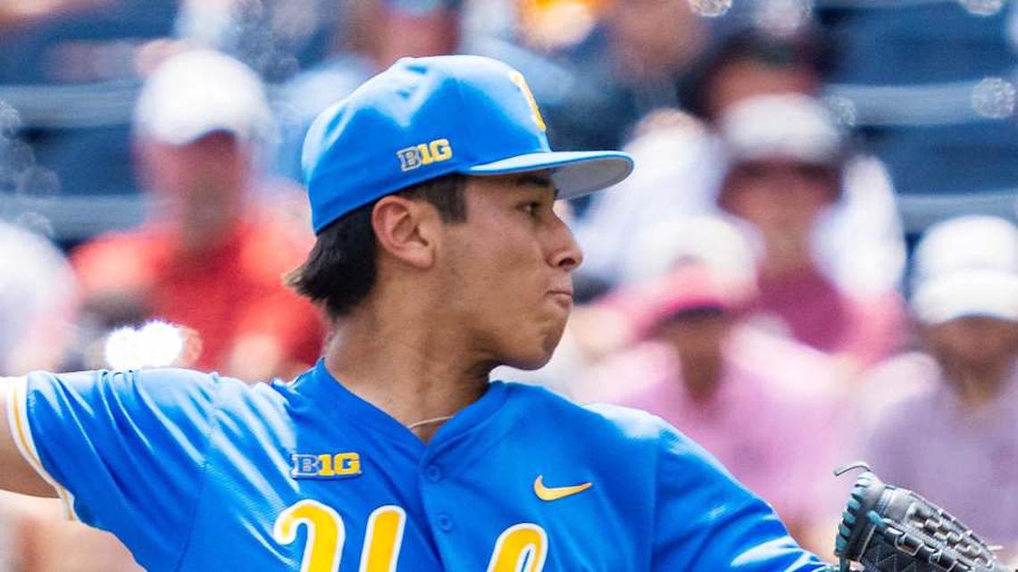  Jun 14, 2025; Omaha, Neb, USA; UCLA Bruins pitcher Wylan Moss (18) pitches during the fifth inning against the Murray State Racers at Charles Schwab Field. Mandatory Credit: Dylan Widger-Imagn Images | Dylan Widger-Imagn Images 