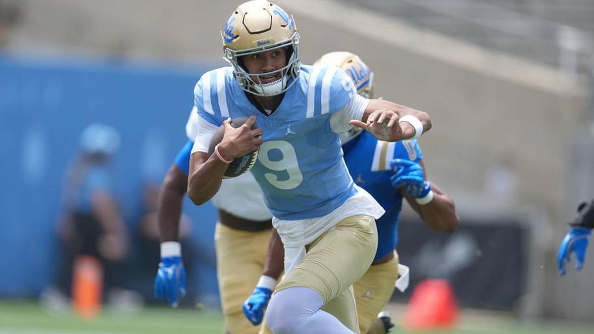  May 2, 2026; Pasadena, CA, USA; UCLA Bruins quarterback Nico Iamaleava (9) carries the ball during the spring game at Rose Bowl. Mandatory Credit: Kirby Lee-Imagn Images | Kirby Lee-Imagn Images 