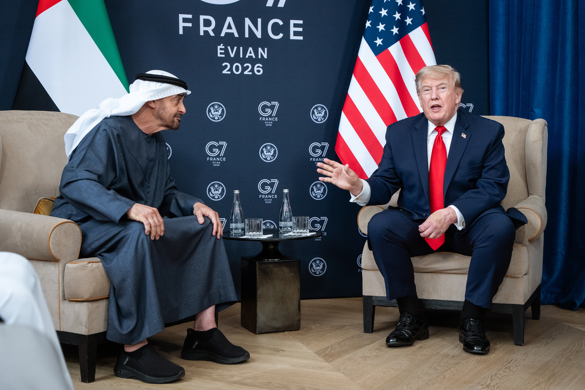 President Donald Trump attends a bilateral meeting with the President of the United Arab Emirates, Mohamed bin Zayed Al Nahyan, during the G7 Summit in Evian-les-Bains, France, June 16, 2026. (Haiyun Jiang/The New York Times)