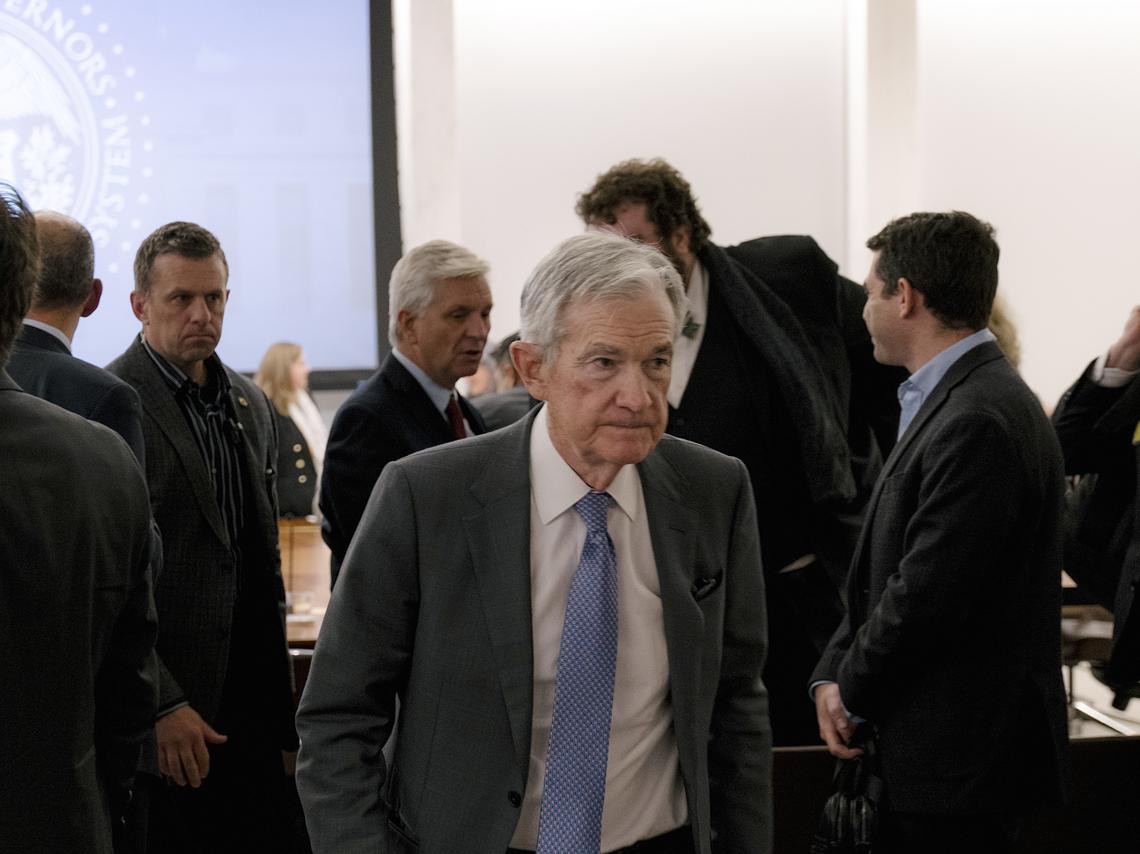 FILE -- Jerome Powell, Chair of the Federal Reserve, leaves a Federal Reserve Board of Governors meeting, in Washington, Oct. 24, 2025. Powell said on Wednesday, April 29, 2026, that he would stay on as a governor at the Federal Reserve after his term as chair ends May 15, citing lingering legal threats against him and the central bank as part of a pressure campaign by President Trump for lower borrowing costs. (Caroline Gutman/The New York Times)