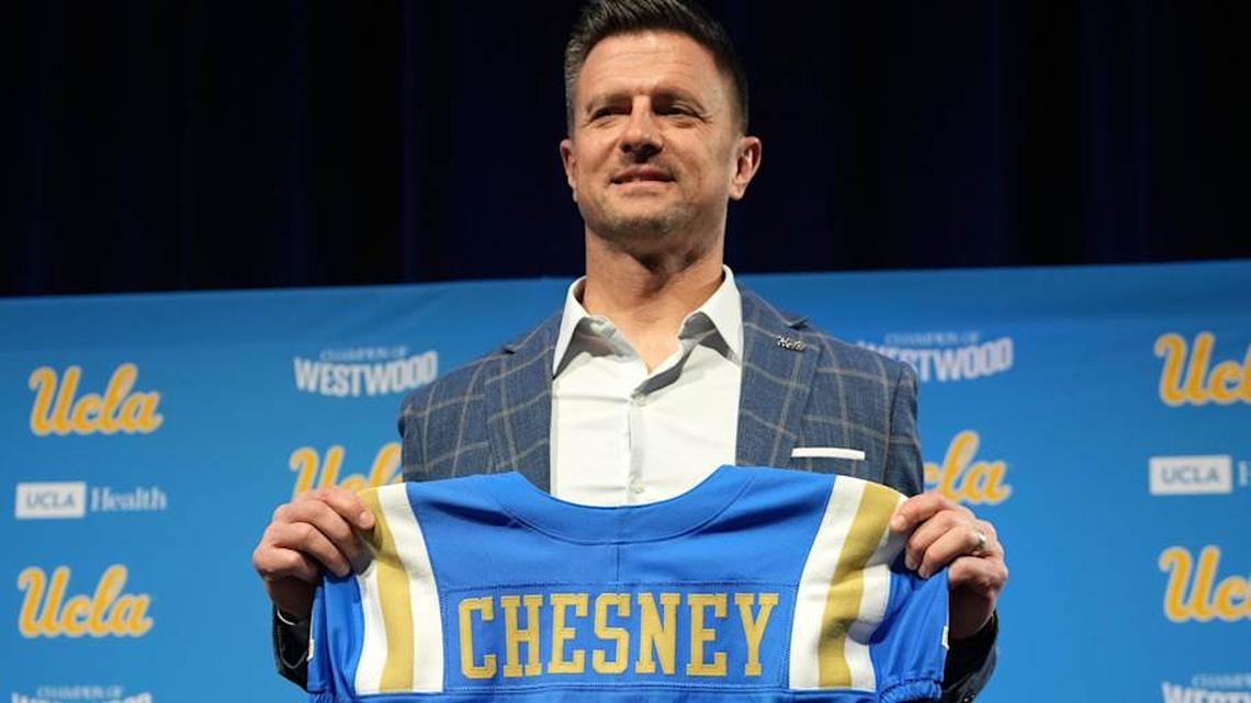 Dec 9, 2025; Los Angeles, CA, USA; UCLA Bruins football coach Bob Chesney poses at introductory press conference at Renee Luskin Conference Center Centennial Ballroom. Mandatory Credit: Kirby Lee-Imagn Images | Kirby Lee-Imagn Images 