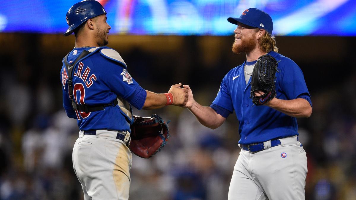 Chicago Cubs relief pitcher Craig Kimbrel, right, celebrates with catcher Willson Contreras after the final out for a combined no-hitter after a baseball game against the Los Angeles Dodgers in Los Angeles, Thursday, June 24, 2021. The Cubs won 4-0. (AP Photo/Kelvin Kuo)