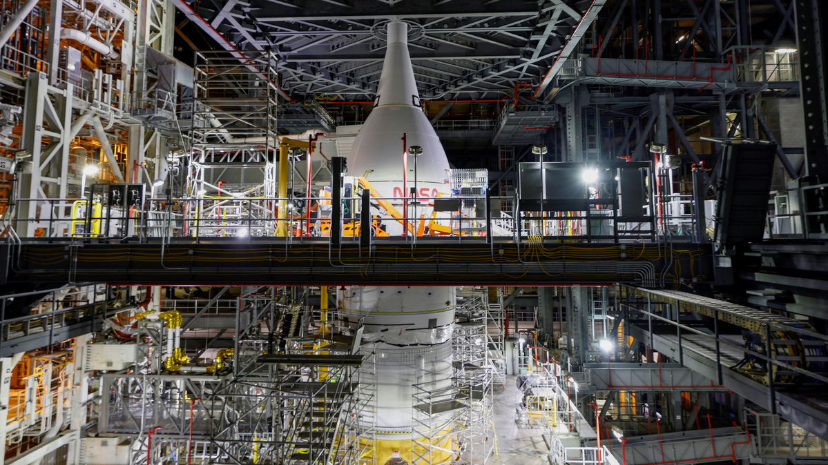 NASA's Artemis program moon rocket is shown inside the massive Vehicle Assembly Building at Kennedy Space Center in Cape Canaveral, Florida, U.S. November 5, 2021. REUTERS/Joe Skipper