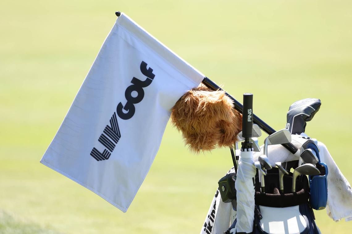  NORTH PLAINS, OREGON - JUNE 29: A detailed view of a flag with LIV Golf logo is seen during the pro-am prior to the LIV Golf Invitational - Portland at Pumpkin Ridge Golf Club on June 29, 2022 in North Plains, Oregon. (Photo by Jamie Squire/LIV Golf/via Getty Images) 