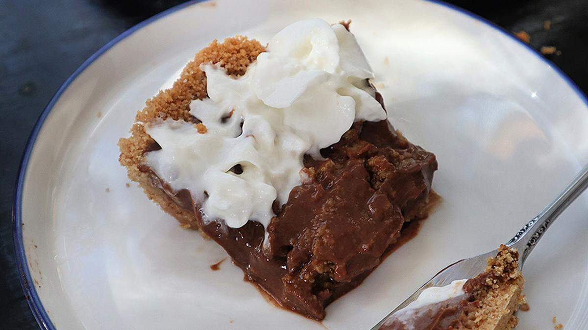 Chocolate tofu pie, with a graham cracker crust.