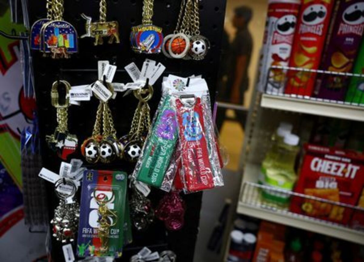 2026 FIFA World Cup-themed key rings hang for sale in a gift shop in Houston, Texas, U.S. June 18, 2026. REUTERS/Phil Noble