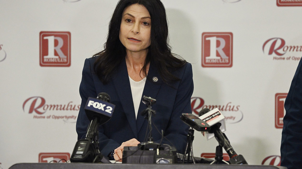 Michigan Attorney General Dana Nessel holds a press conference at Romulus City Hall to announce a lawsuit challenging ICE's conversion of the warehouse to a detention center on Tuesday, March 24, 2026, in Romulus, Mich. (Clarence Tabb Jr./The Detroit News/TNS)