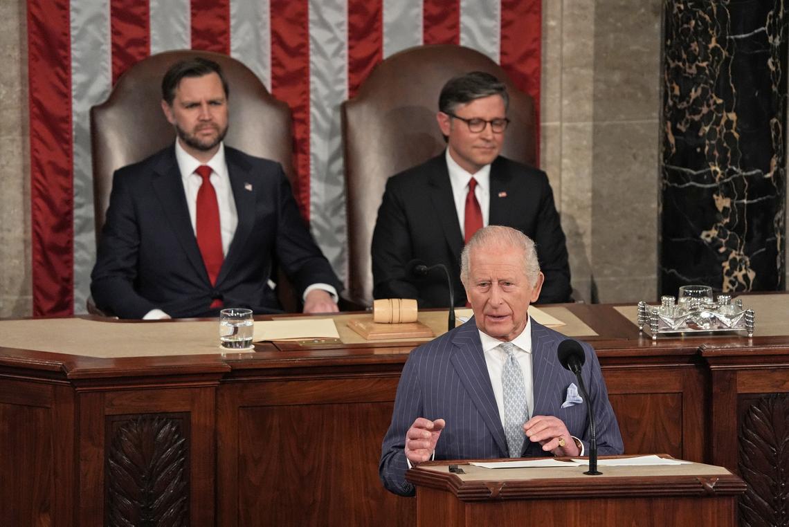 King Charles III addresses a joint meeting of Congress in honor of the 250th anniversary of American independence at the Capitol in Washington, on Tuesday, April 28, 2026. (Salwan Georges/The New York Times)