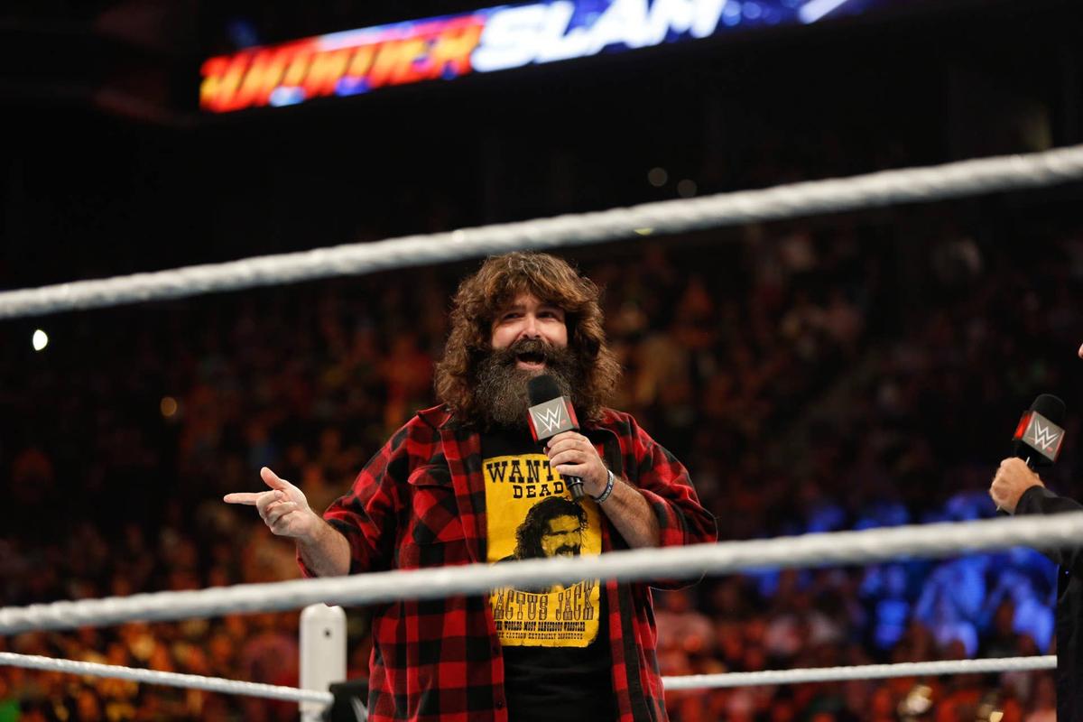  NEW YORK, NY - AUGUST 23: Mick Foley greets the audience at WWE SummerSlam 2015 at Barclays Center of Brooklyn on August 23, 2015 in New York City. (Photo by JP Yim/Getty Images) 