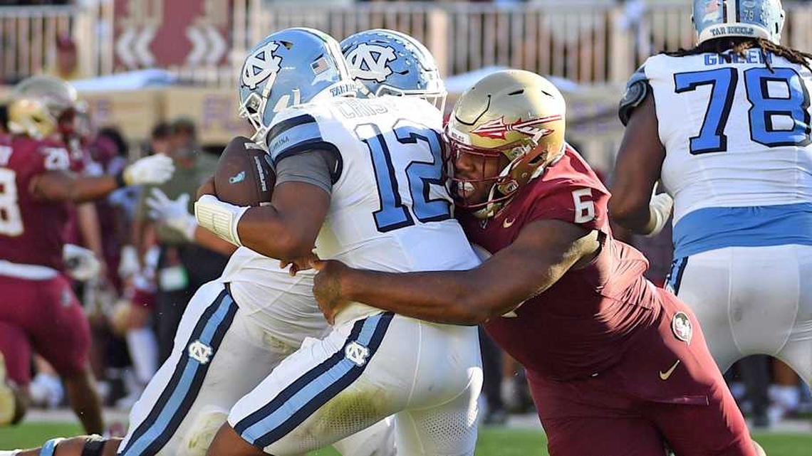  Nov 2, 2024; Tallahassee, Florida, USA; Florida State Seminoles defensive tackle Darrell Jackson Jr (6) sacks North Carolina Tarheels quarterback Jacolby Criswell (12) in the second quarter at Doak S. Campbell Stadium. Mandatory Credit: Robert Myers-Imagn Images | Robert Myers-Imagn Images 