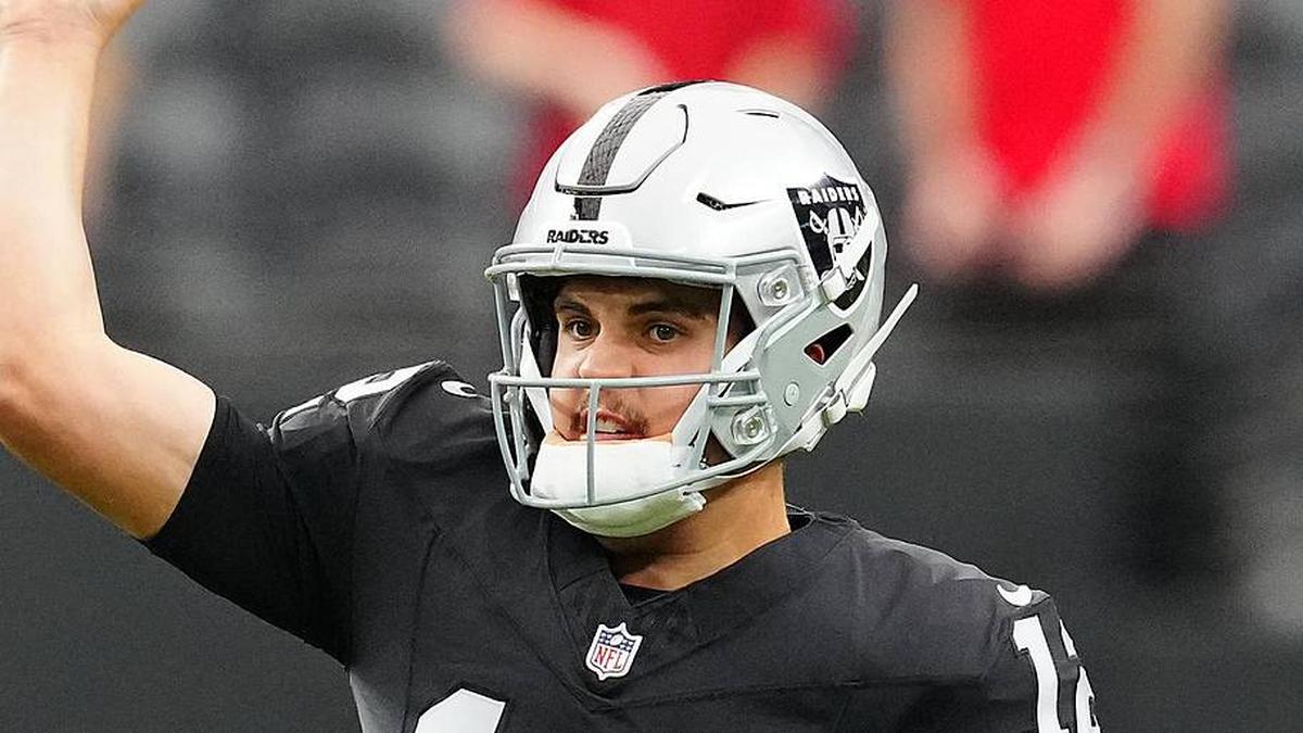  Jan 4, 2026; Paradise, Nevada, USA; Las Vegas Raiders quarterback Aidan O'Connell (12) warms up before a game against the Kansas City Chiefs at Allegiant Stadium. Mandatory Credit: Stephen R. Sylvanie-Imagn Images | Stephen R. Sylvanie-Imagn Images 
