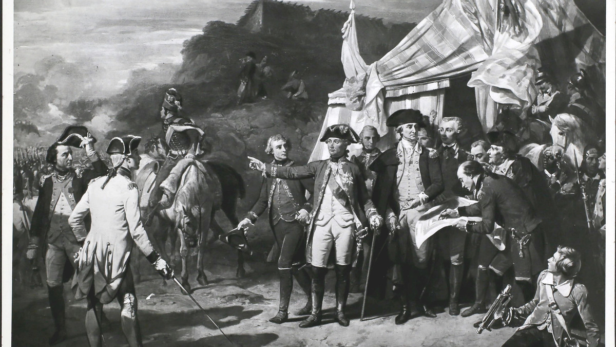 The Comte de Rochambeau and George Washington giving their orders for the last assault during the Capture of Yorktown, during the American Revolutionary War, 1781. (Lafayette appears among the group of officers.). A painting by H.Couder.