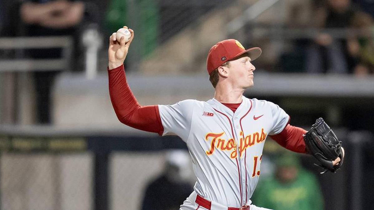  USC pitcher Andrew Johnson throws a pitch as the Oregon Ducks host the USC Trojans on May 14, 2026, in Eugene, Oregon. | Ben Lonergan/The Register-Guard / USA TODAY NETWORK via Imagn Images 