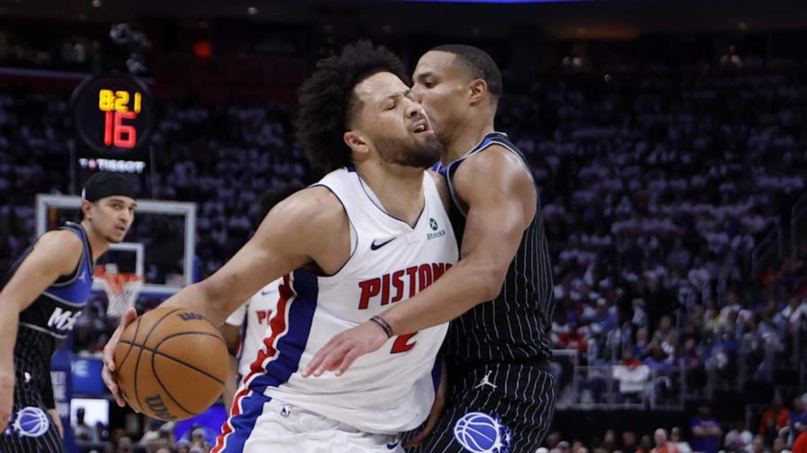 Apr 22, 2026; Detroit, Michigan, USA; Detroit Pistons guard Cade Cunningham (2) is defended by Orlando Magic guard Desmond Bane (3) in the second half during game two of the first round of the 2026 NBA Playoffs at Little Caesars Arena. Mandatory Credit: Rick Osentoski-Imagn Images | Rick Osentoski-Imagn Images 