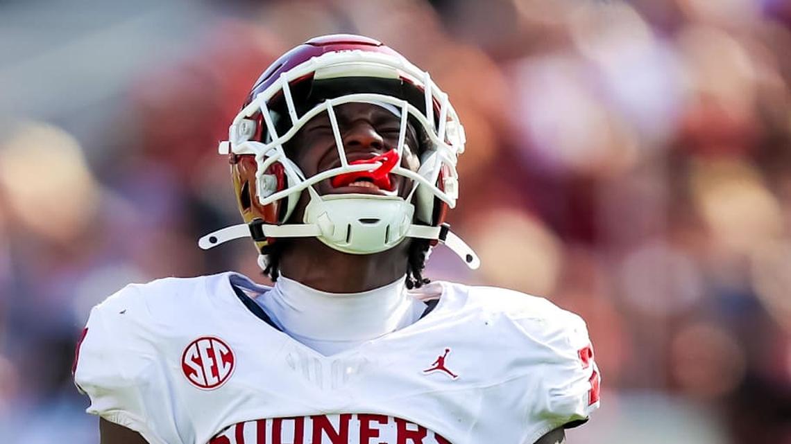  Oct 18, 2025; Columbia, South Carolina, USA; Oklahoma Sooners linebacker Sammy Omosigho (7) celebrates a play against the South Carolina Gamecocks in the second half at Williams-Brice Stadium. Mandatory Credit: Jeff Blake-Imagn Images | Jeff Blake-Imagn Images 