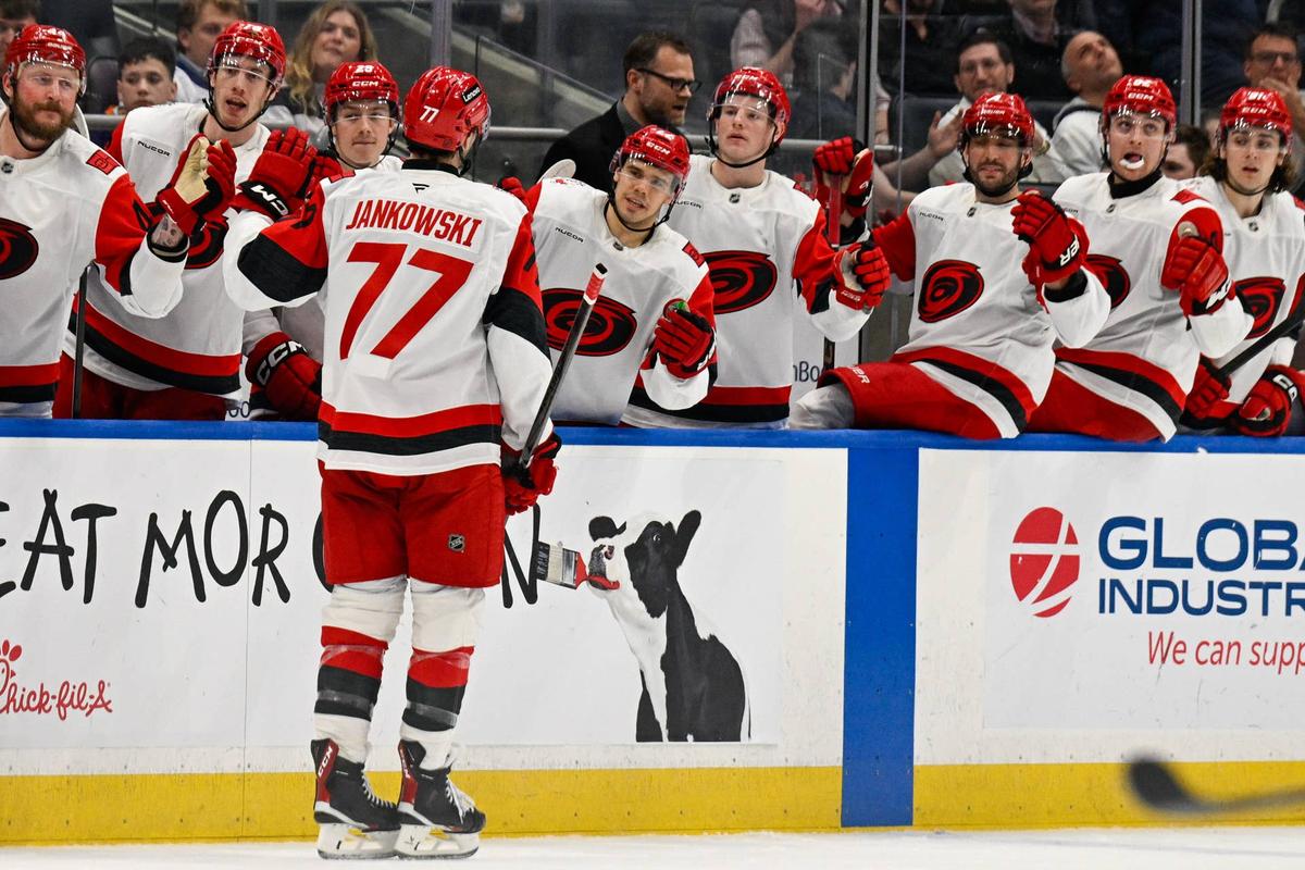  Carolina Hurricanes left wing Mark Jankowski (77) celebrates his goal against the New York Islanders during the third period at UBS Arena. Dennis Schneidler-Imagn Images