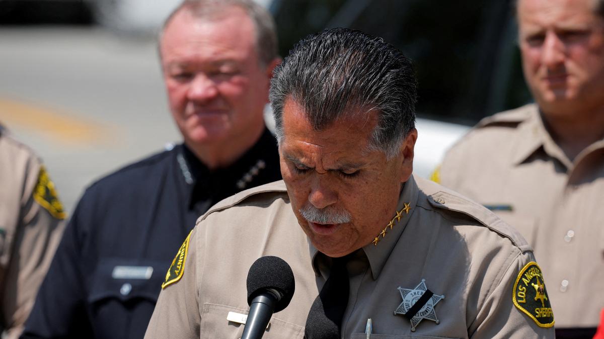 Los Angeles County Sheriff Robert G. Luna speaks at a news conference near the Los Angeles County Sheriff's Department's Biscailuz Center Academy Training facility, where fellow officers were killed following an explosion, in East Los Angeles, California, U.S July 18, 2025.   REUTERS/Mike Blake