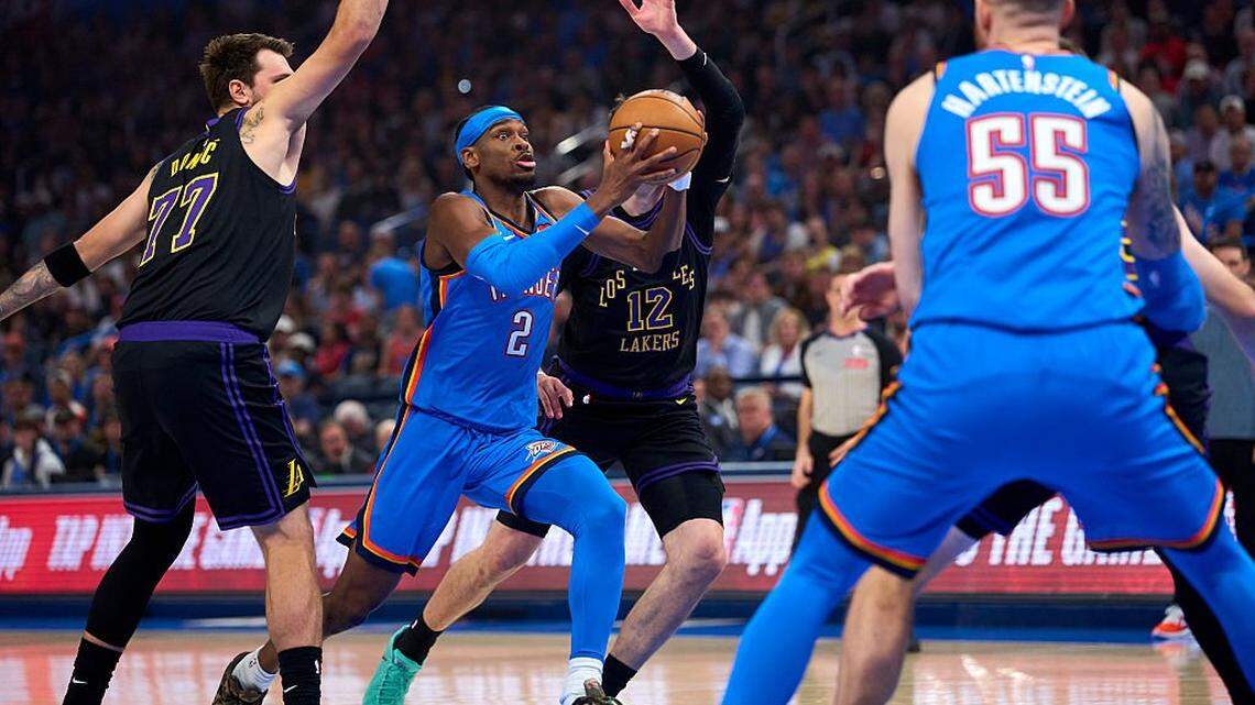 Thunder blast Lakers in West showdown as Doncic leaves with hamstring injury