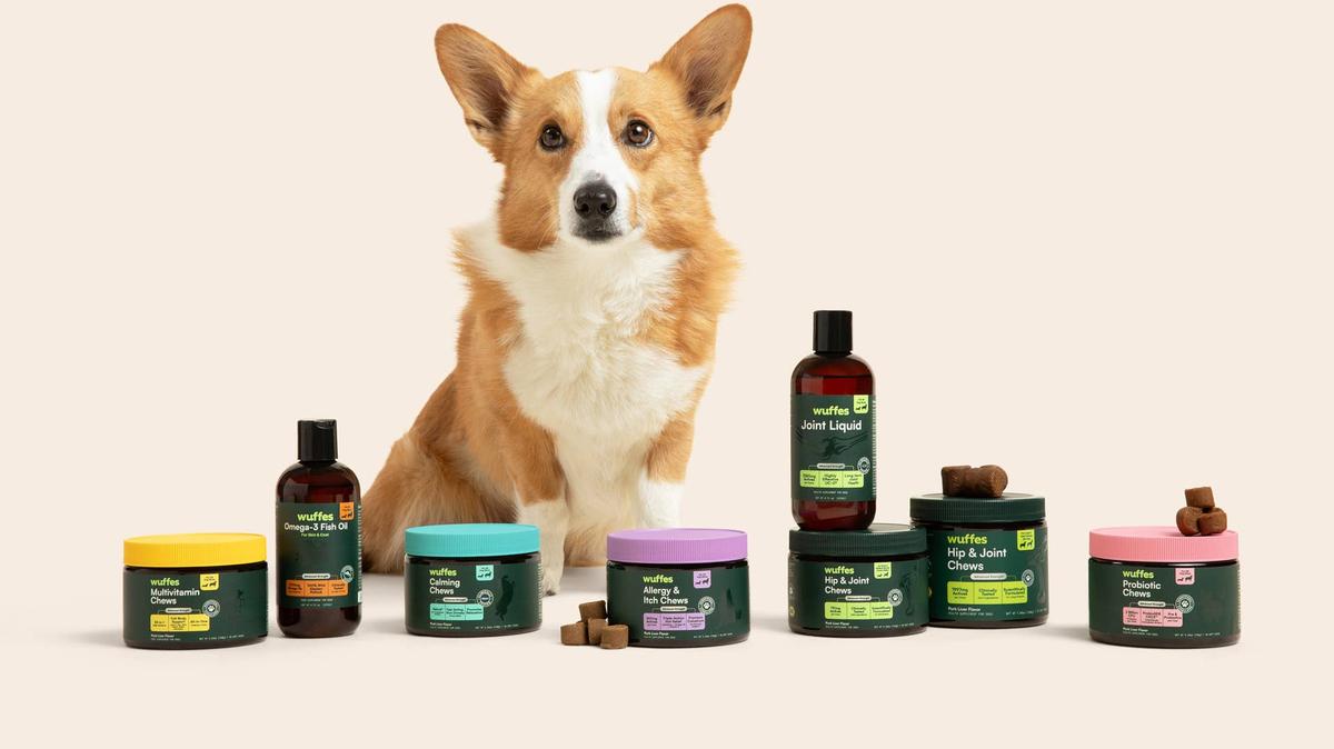 dog sitting next to wuffes supplement products.