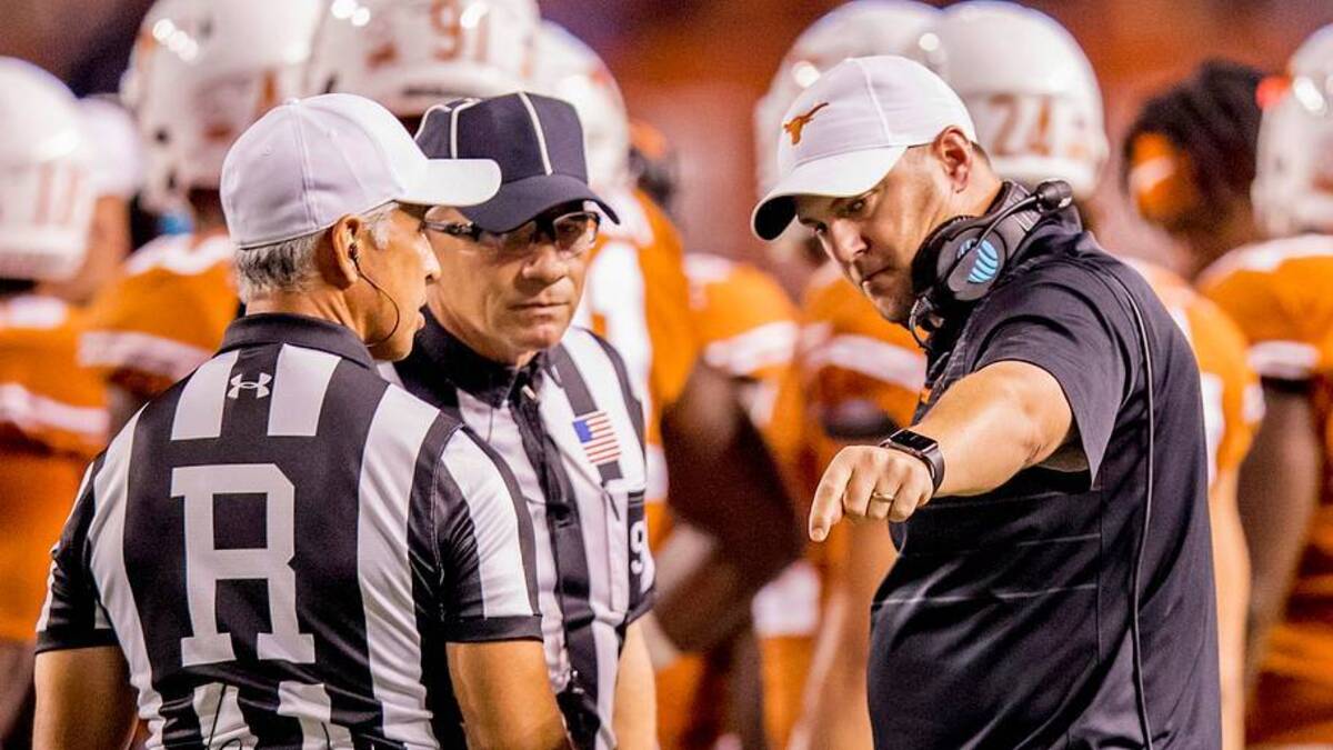  Nov 11, 2017; Austin, TX, USA; Nov 11, 2017; Austin, TX, USA; Texas Longhorns head coach Tom Herman reacts to disagreed call to an official during the second quarter at Darrell K Royal-Texas Memorial Stadium. Mandatory Credit: John Gutierrez-USA TODAY Sports | IMAGN IMAGES via Reuters Connect 