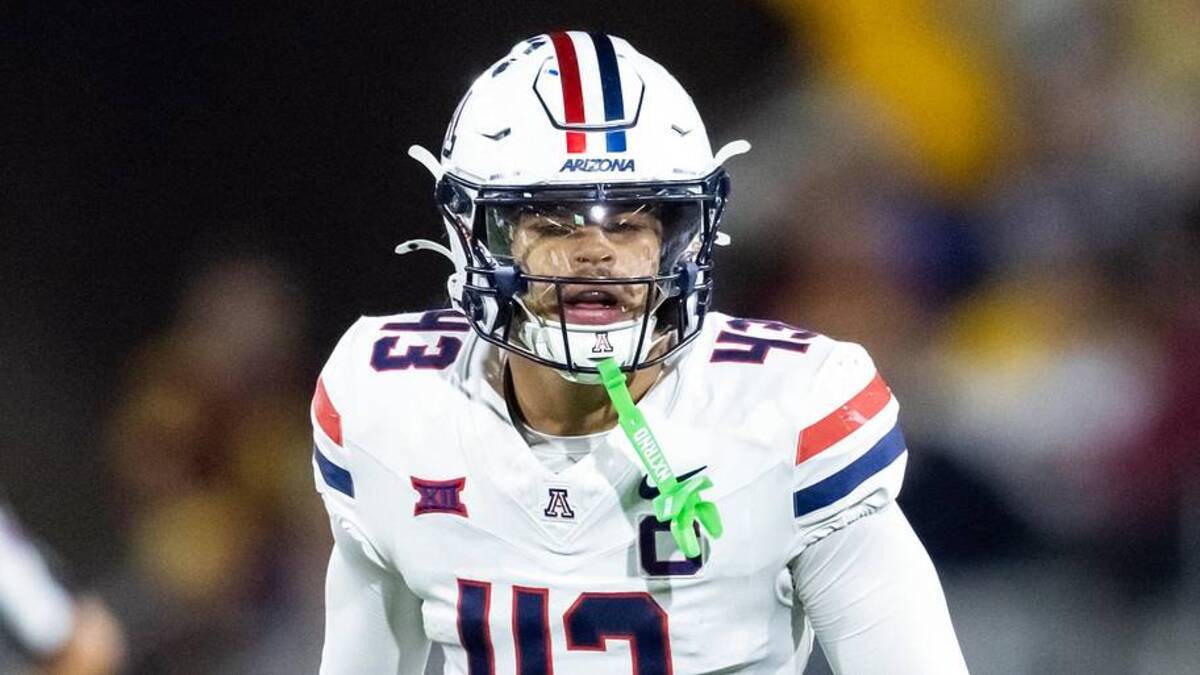  Nov 28, 2025; Tempe, Arizona, USA; Arizona Wildcats defensive back Dalton Johnson (43) against the Arizona State Sun Devils during the 99th Territorial Cup at Mountain America Stadium. Mandatory Credit: Mark J. Rebilas-Imagn Images | Mark J. Rebilas-Imagn Images 