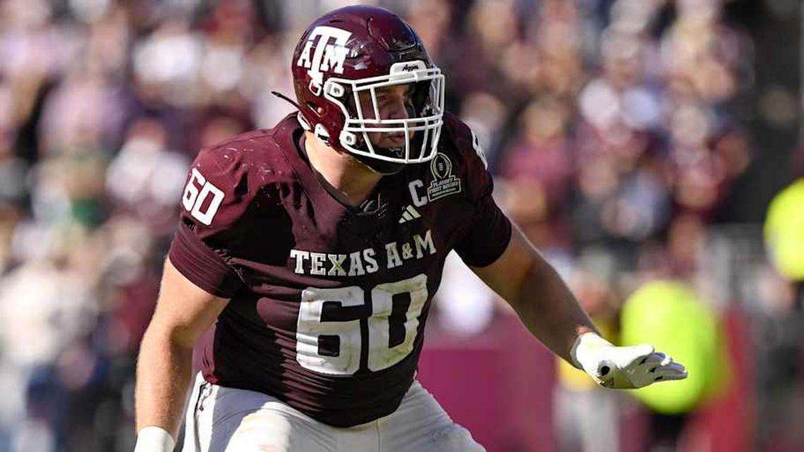  Dec 20, 2025; College Station, TX, USA; Texas A&M Aggies offensive lineman Trey Zuhn III (60) blocks the rush during the game between the Aggies and the Hurricanes at Kyle Field. Mandatory Credit: Jerome Miron-Imagn Images | Jerome Miron-Imagn Images 