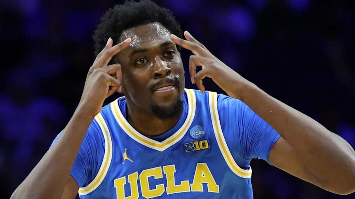  Mar 22, 2026; Philadelphia, PA, USA; UCLA Bruins center Xavier Booker (1) reacts against the UConn Huskies in the first half during a second round game of the men's 2026 NCAA Tournament at Xfinity Mobile Arena. Mandatory Credit: Bill Streicher-Imagn Images | Bill Streicher-Imagn Images 